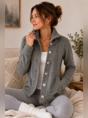 Orb Soft‎ Grey Asymmetrical Button Teddy Sweater Jacket